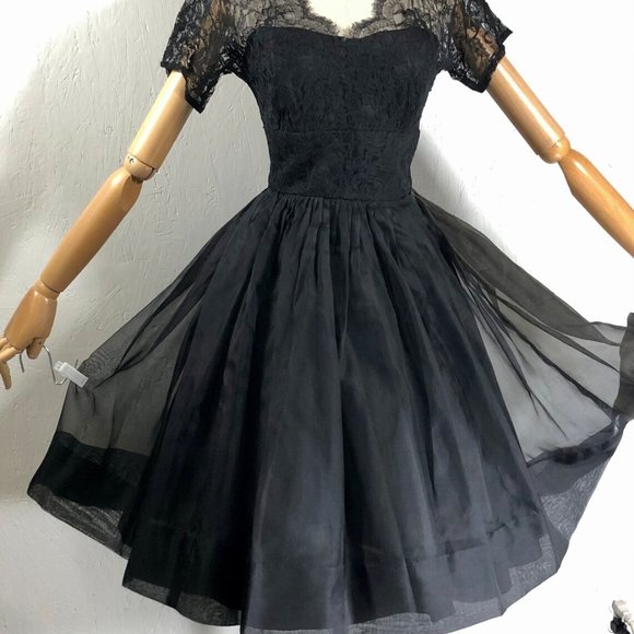 black organza lace fit flare / sheer illusion top - Picture 6 of 10
